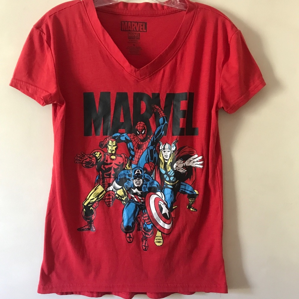 Marvel V-Neck Tee Shirt. Red. Small